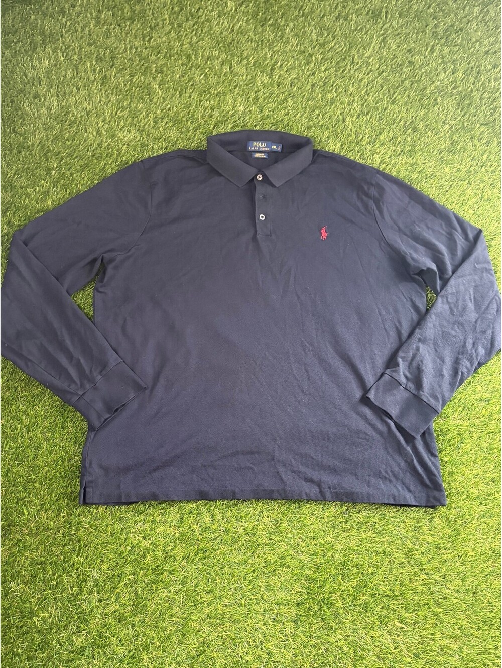 Vtg Polo Ralph Lauren Navy Cotton Long Sleeve Polo Shirt, Men's XXL